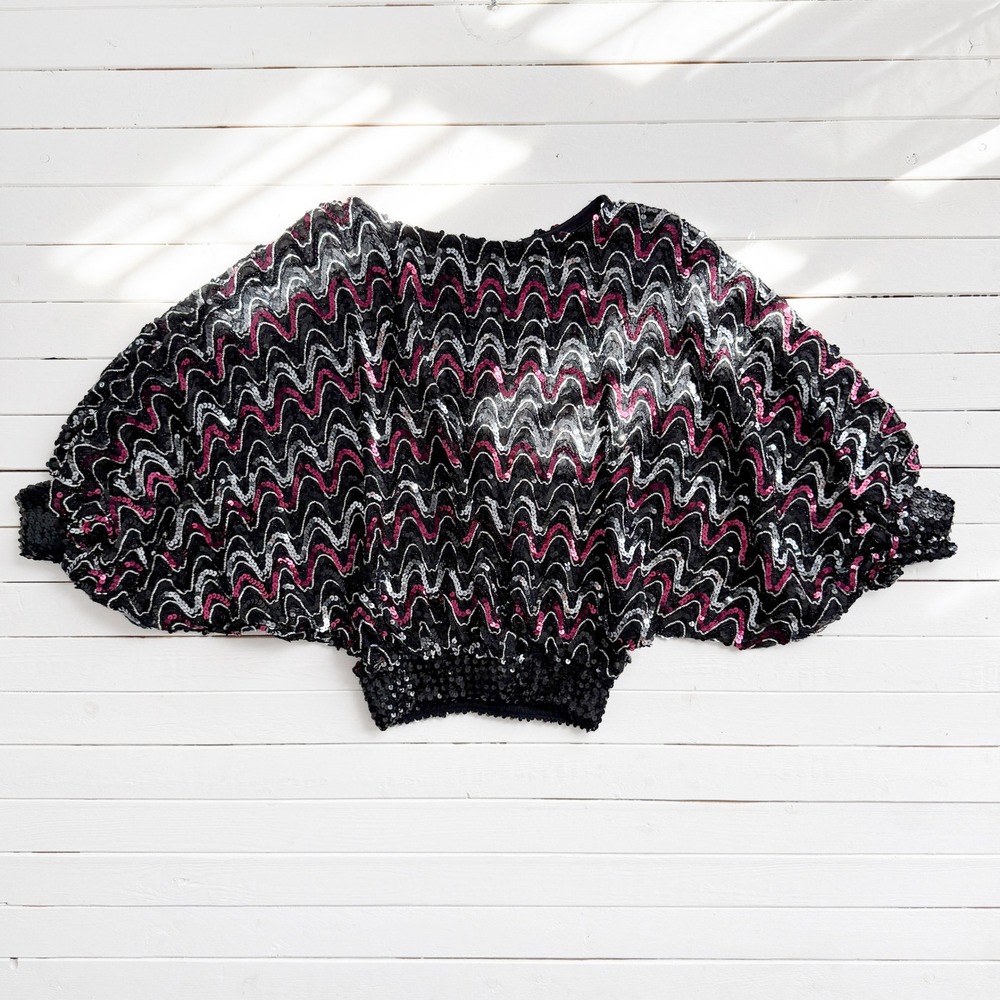 black pink silver sequin 80s vtg batwing sleeve shirt top blouse